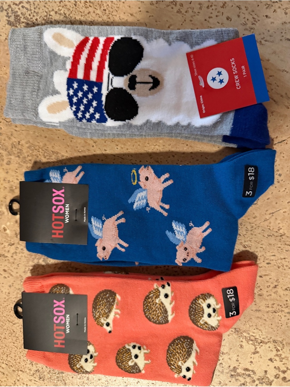 Novelty Crew Socks Trio - Patriotic Llama, Flying Pigs & Hedgehogs